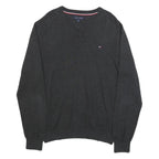 TOMMY HILFIGER Mens Black Plain V-Neck Basic Knit M Cotton Jumper Classic Fit