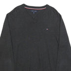 TOMMY HILFIGER Mens Black Plain V-Neck Basic Knit M Cotton Jumper Classic Fit