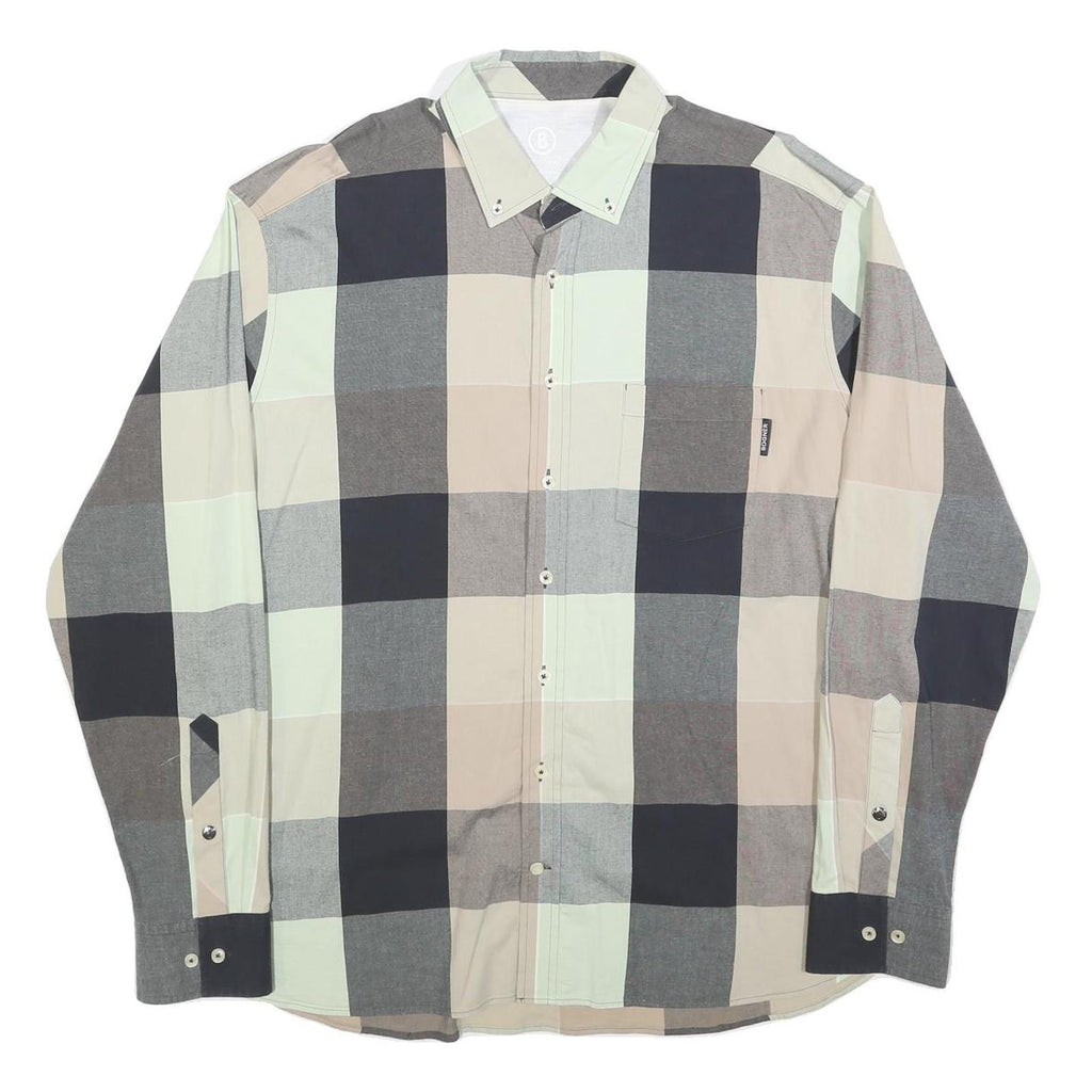 BOGNER Mens Beige & Grey Check Shirt XL Stylish Cotton Blend Long Sleeve