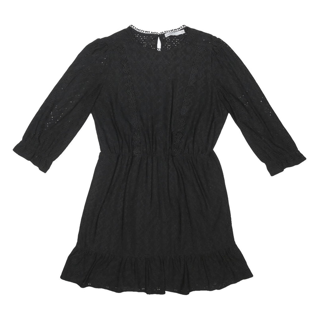 OASIS Womens Black Fit & Flare Cotton Blend Mini Dress Lace Detail Long Sleeve L