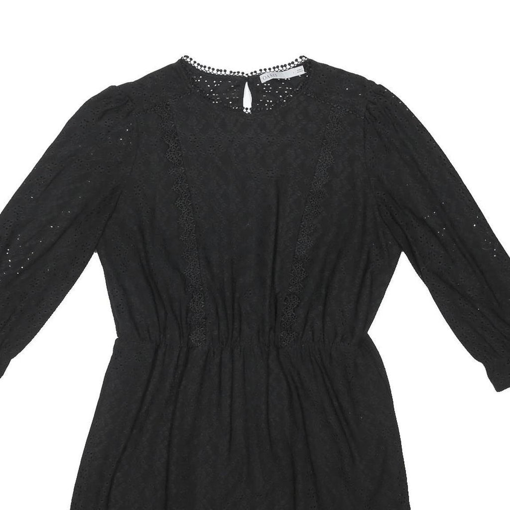 OASIS Womens Black Fit & Flare Cotton Blend Mini Dress Lace Detail Long Sleeve L