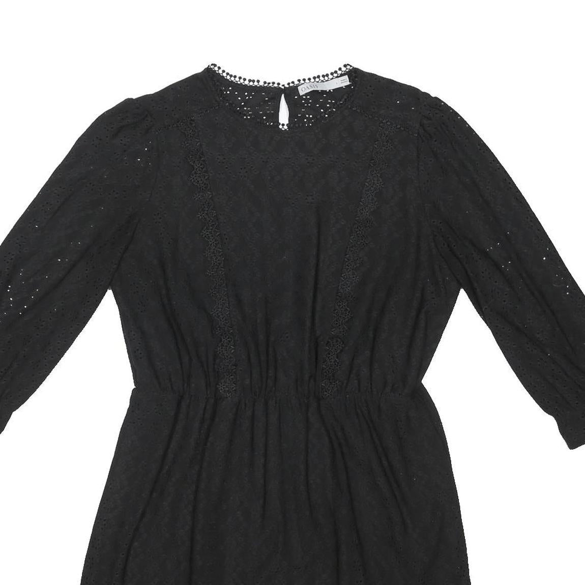 OASIS Womens Black Fit & Flare Cotton Blend Mini Dress Lace Detail Long Sleeve L