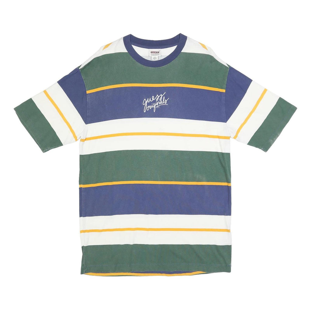GUESS Mens Green & Blue Striped Graphic T-Shirt S Short Sleeve Crew Neck