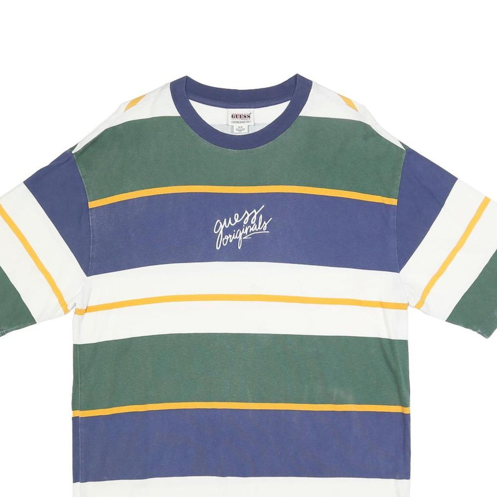 GUESS Mens Green & Blue Striped Graphic T-Shirt S Short Sleeve Crew Neck