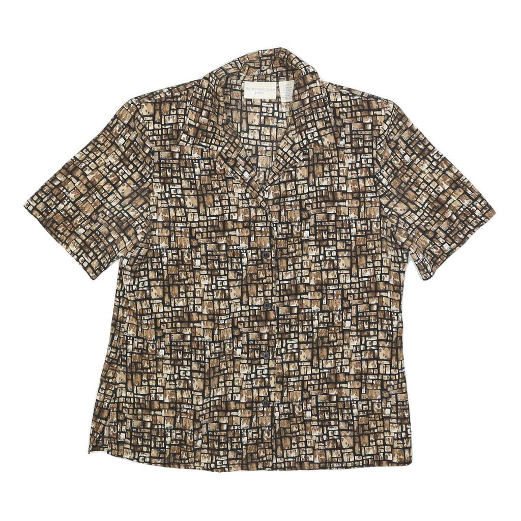 WORTHINGTON Womens Brown & Cream Printed Shirt Short Sleeve Collared M Polyester