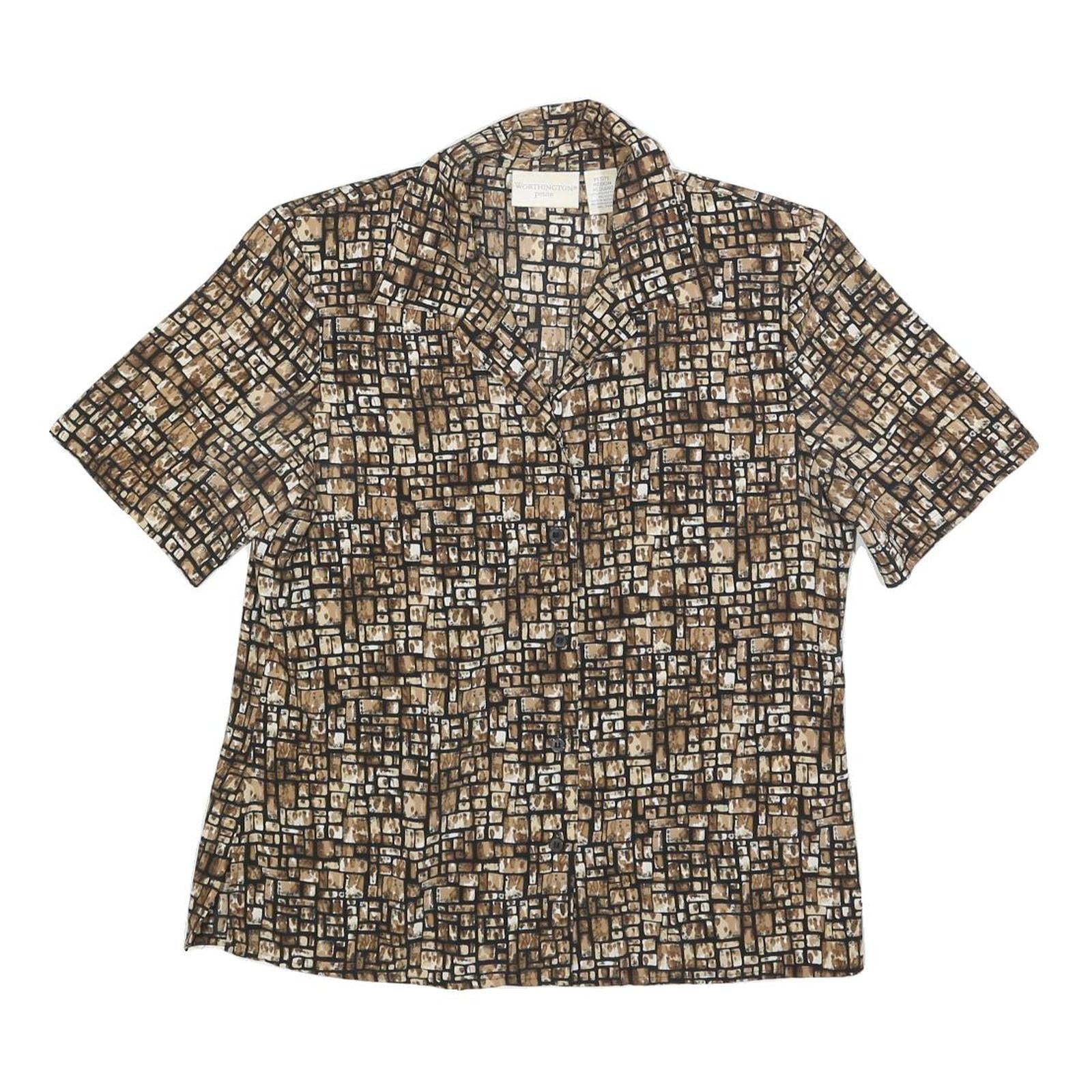 WORTHINGTON Womens Brown & Cream Printed Shirt Short Sleeve Collared M Polyester