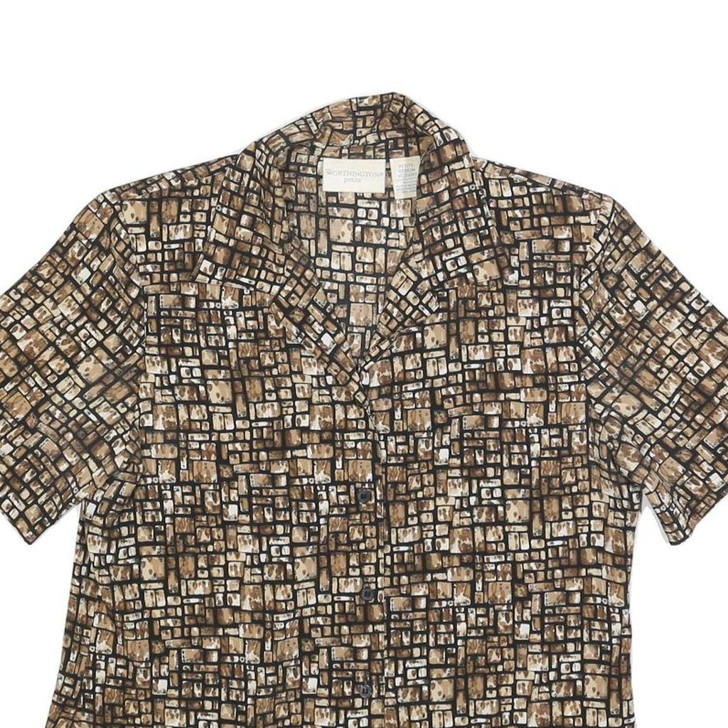 WORTHINGTON Womens Brown & Cream Printed Shirt Short Sleeve Collared M Polyester