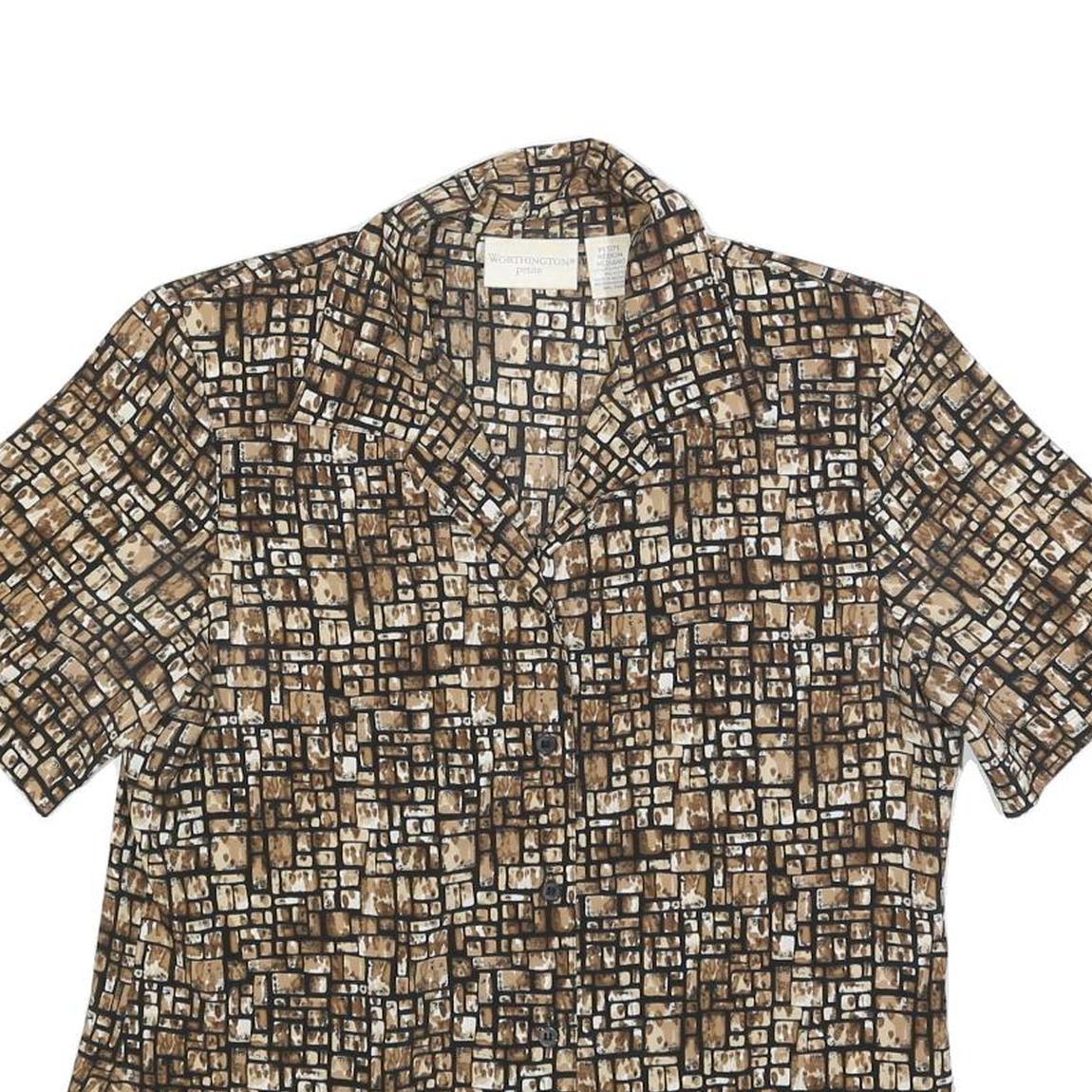 WORTHINGTON Womens Brown & Cream Printed Shirt Short Sleeve Collared M Polyester