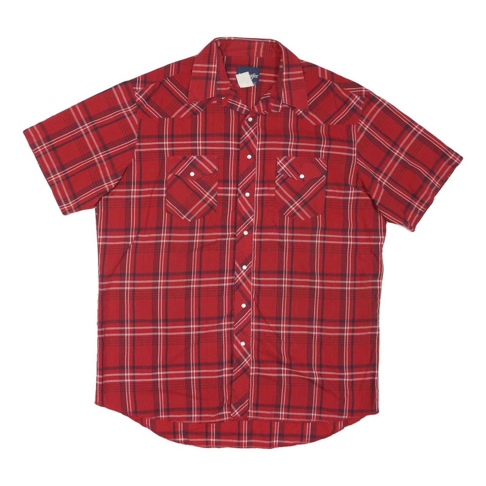 WRANGLER Mens Red Check Shirt L Short Sleeve Button Up Cotton Blend