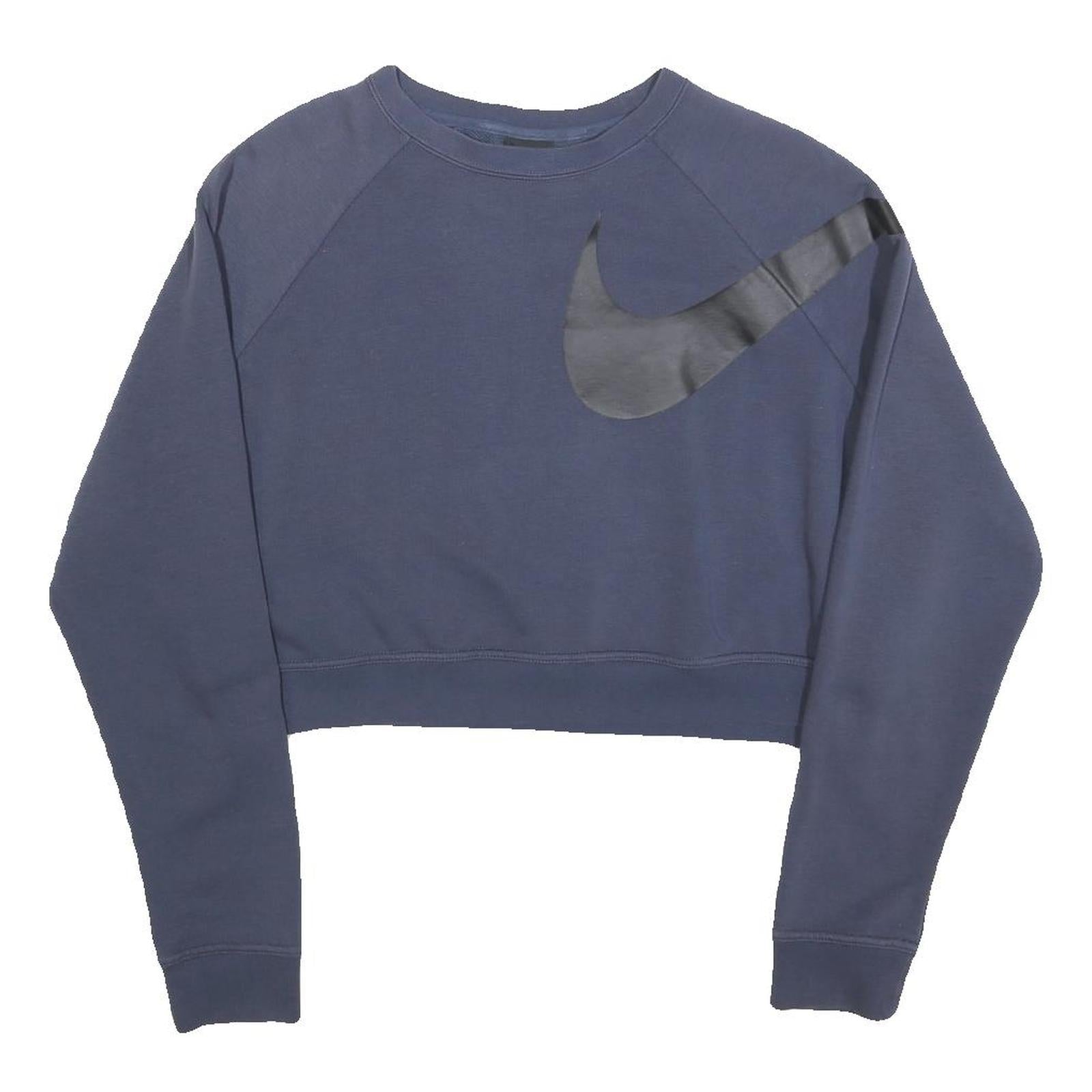 NIKE Womens Blue Crew Neck S Sweatshirt Cotton Blend Crop Logo Athletic