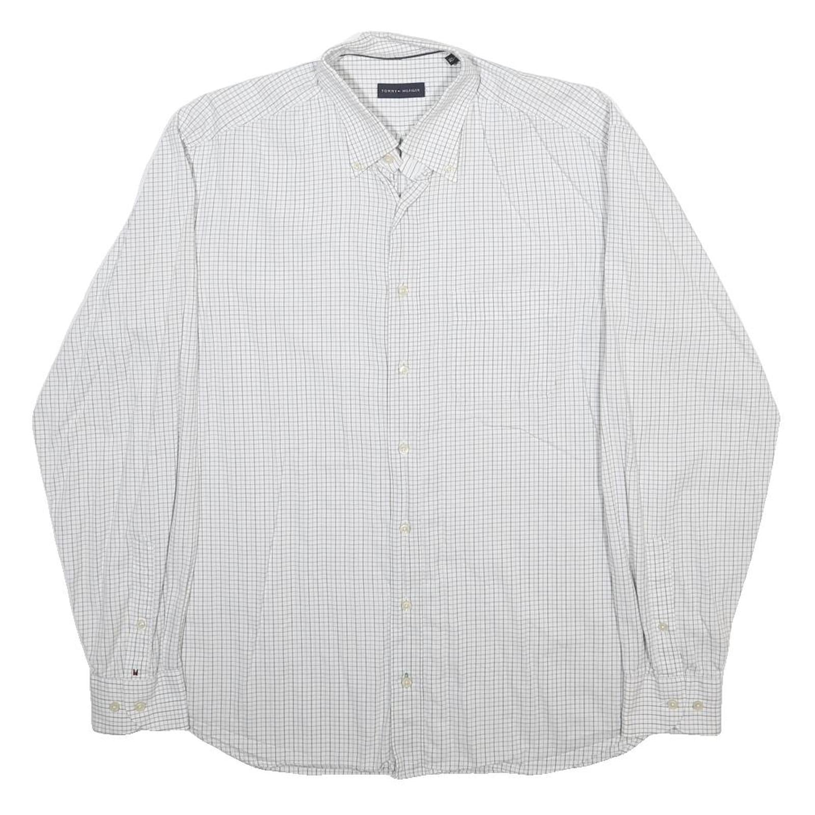 TOMMY HILFIGER Mens White Blue Check Shirt L Button Down Collar Classic Fit