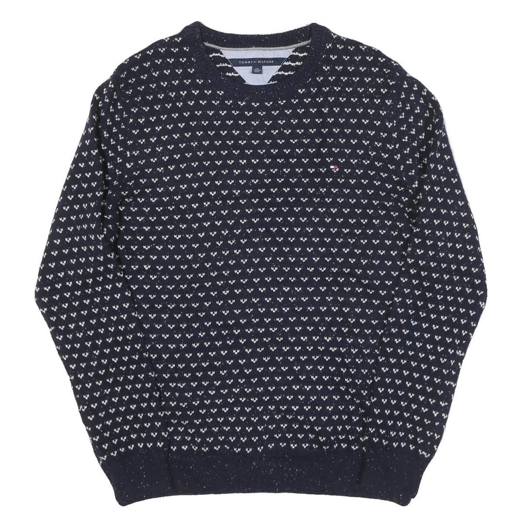 TOMMY HILFIGER Mens Navy & White Patterned Wool Blend Jumper Crew Neck Basic