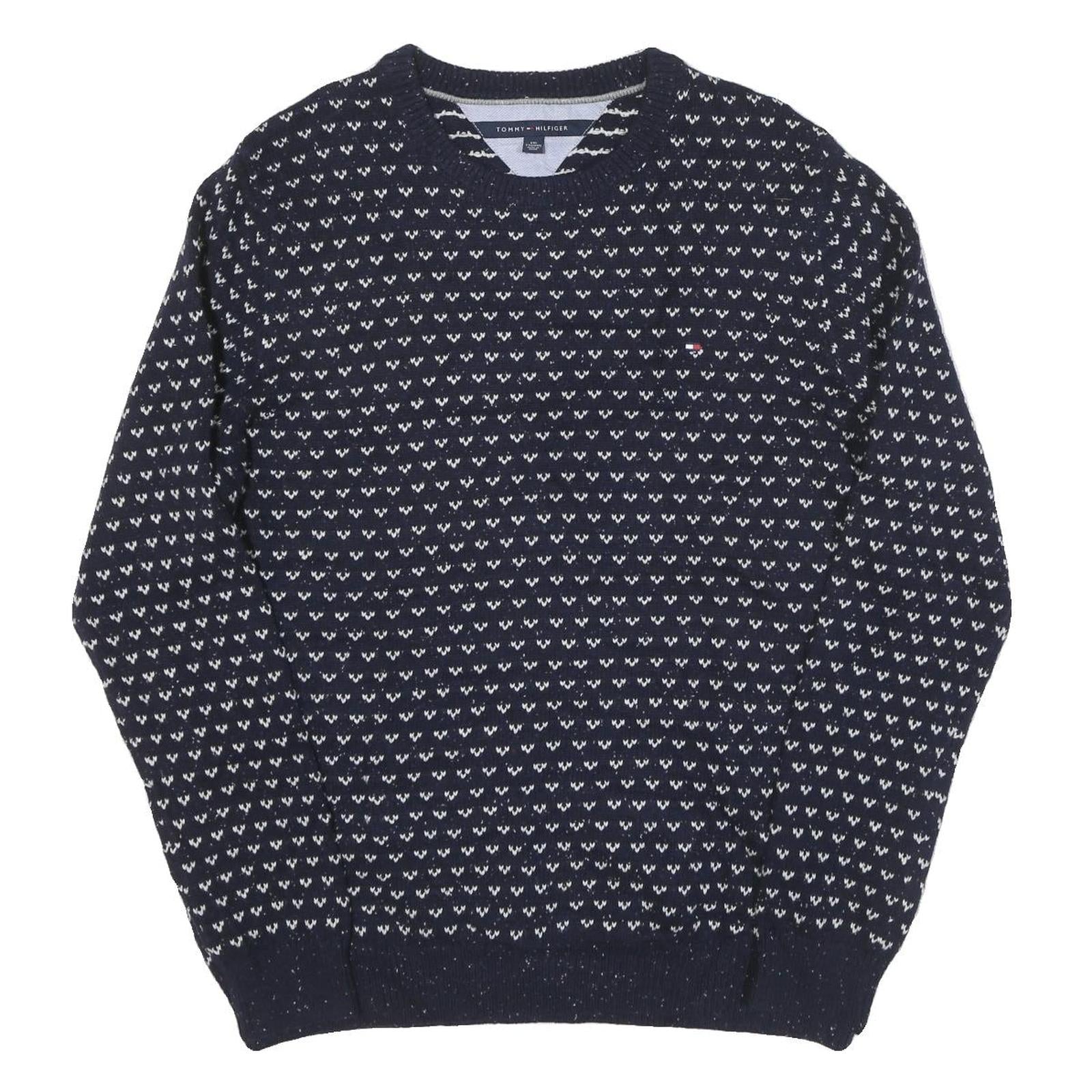 TOMMY HILFIGER Mens Navy & White Patterned Wool Blend Jumper Crew Neck Basic