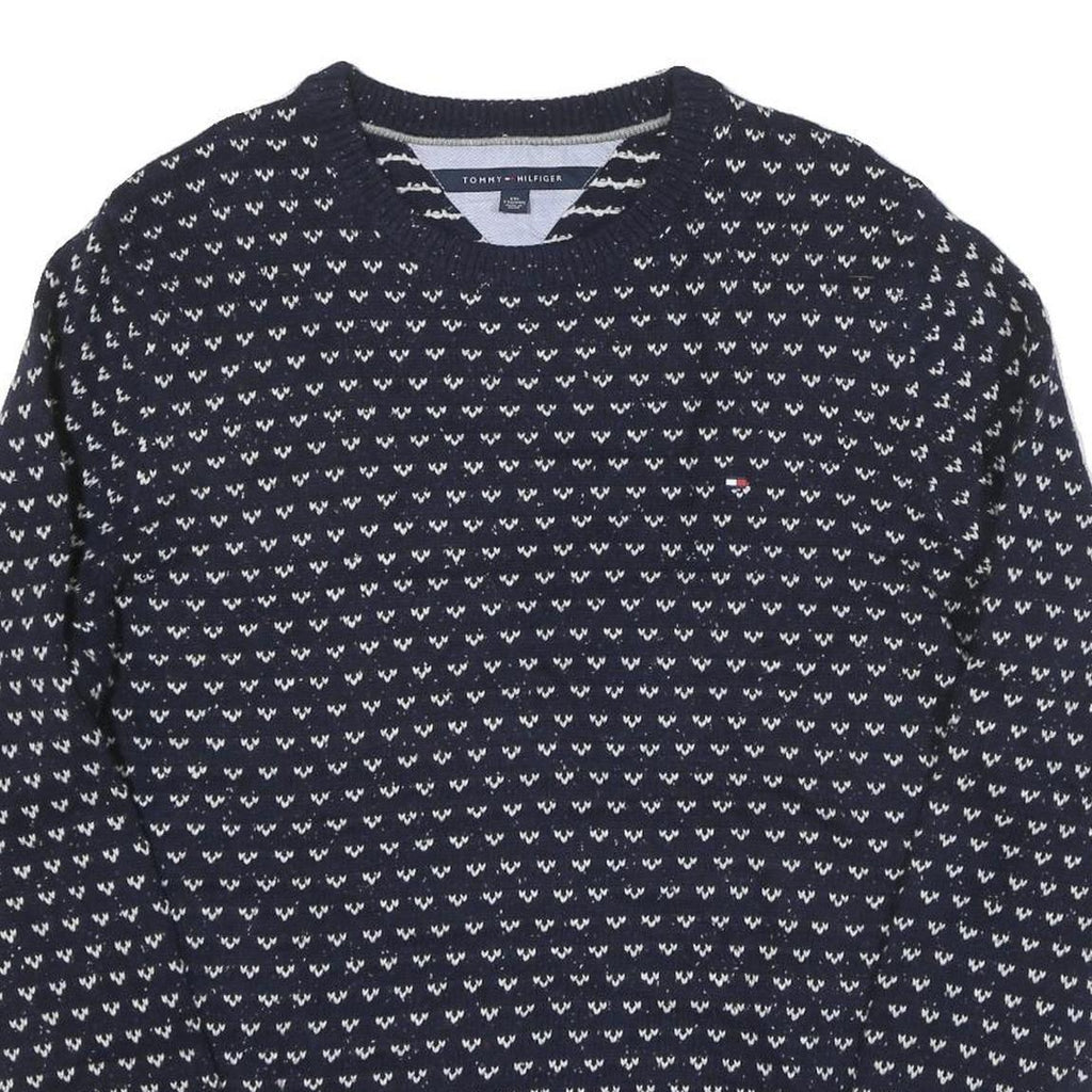 TOMMY HILFIGER Mens Navy & White Patterned Wool Blend Jumper Crew Neck Basic