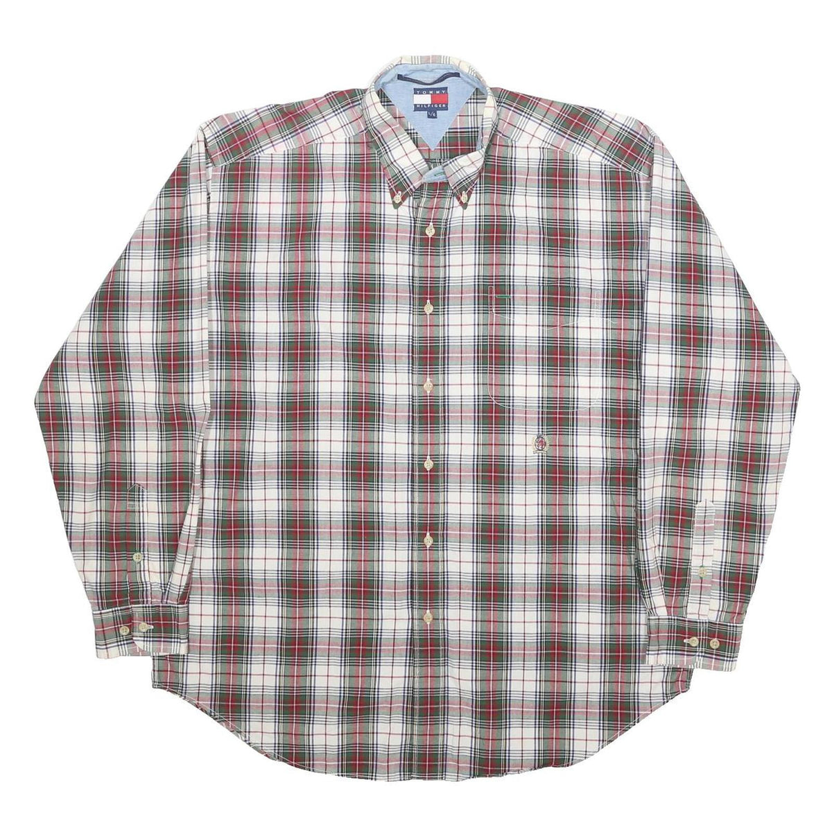 TOMMY HILFIGER Mens White Green Red Check Shirt L Classic Button-Down Cotton