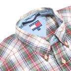 TOMMY HILFIGER Mens White Green Red Check Shirt L Classic Button-Down Cotton