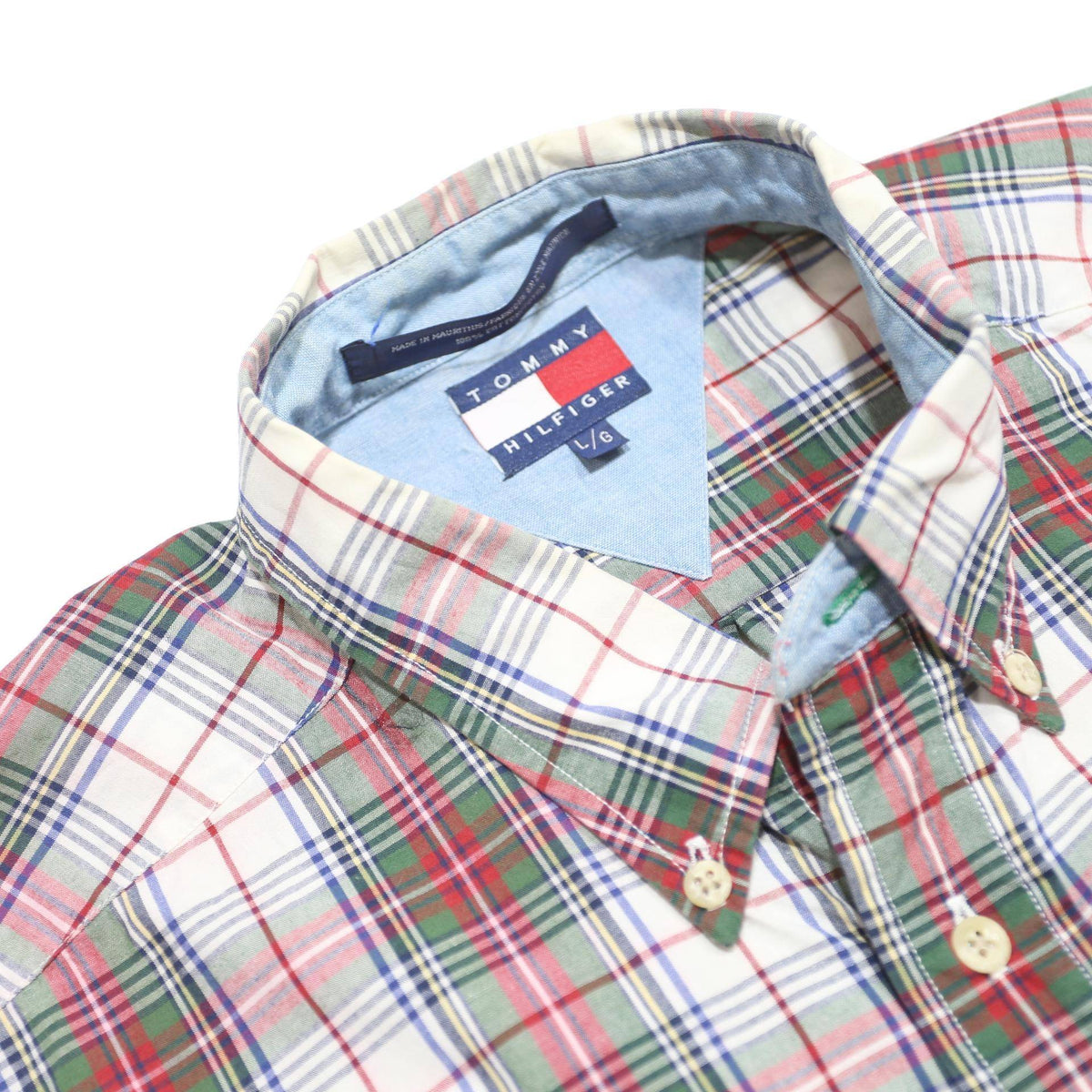 TOMMY HILFIGER Mens White Green Red Check Shirt L Classic Button-Down Cotton