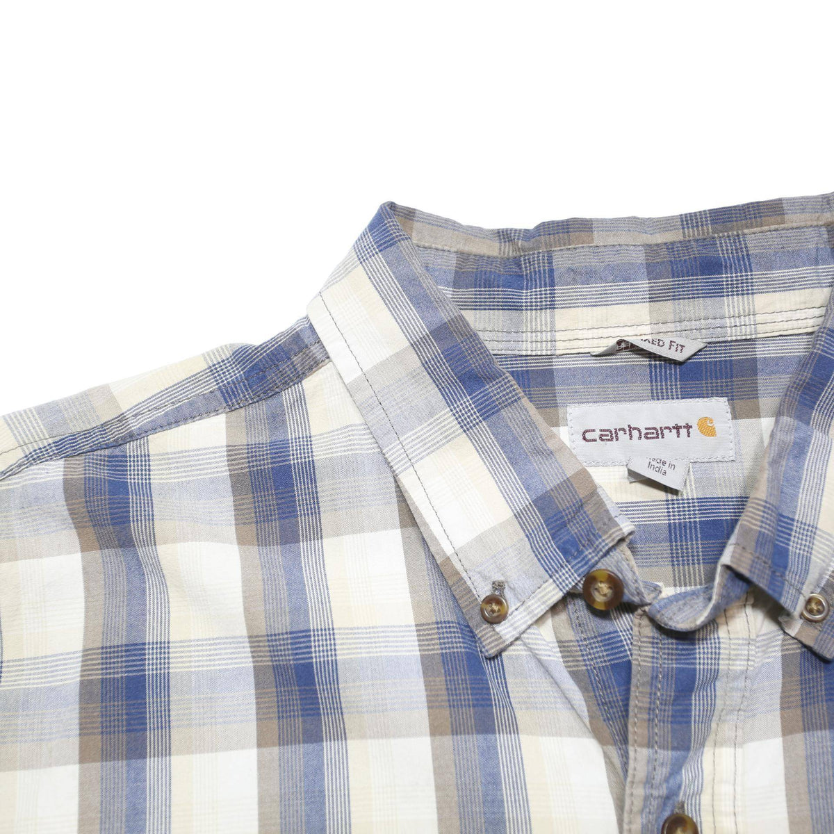 CARHARTT Mens Blue Beige Check Shirt XL Cotton Blend Casual Short Sleeve