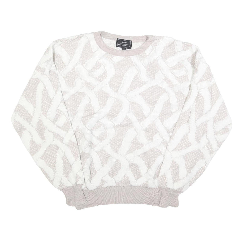 SEARS Mens Cream & White Patterned Pullover Plain Crew Neck Basic Knit L Jumper