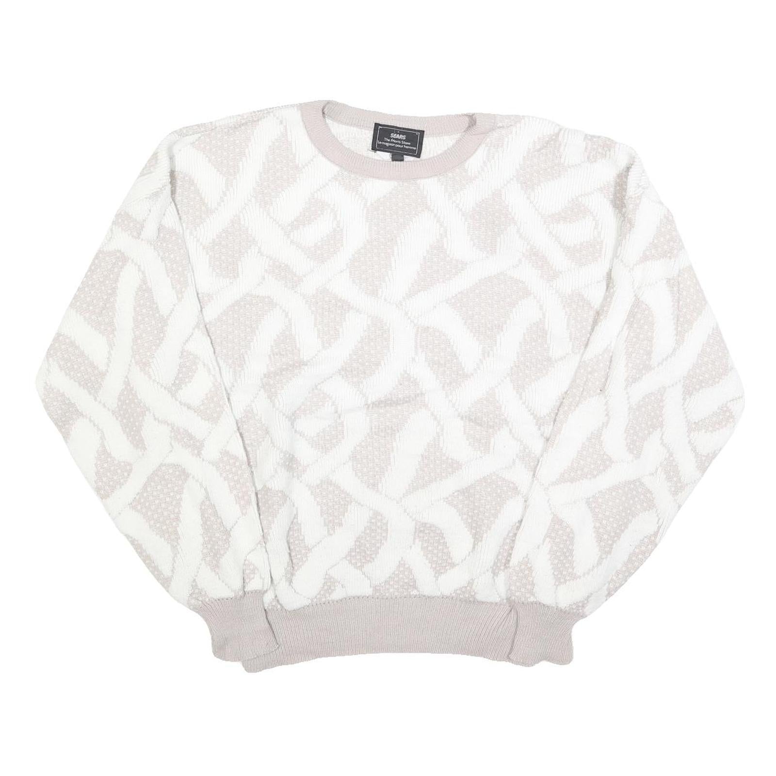 SEARS Mens Cream & White Patterned Pullover Plain Crew Neck Basic Knit L Jumper