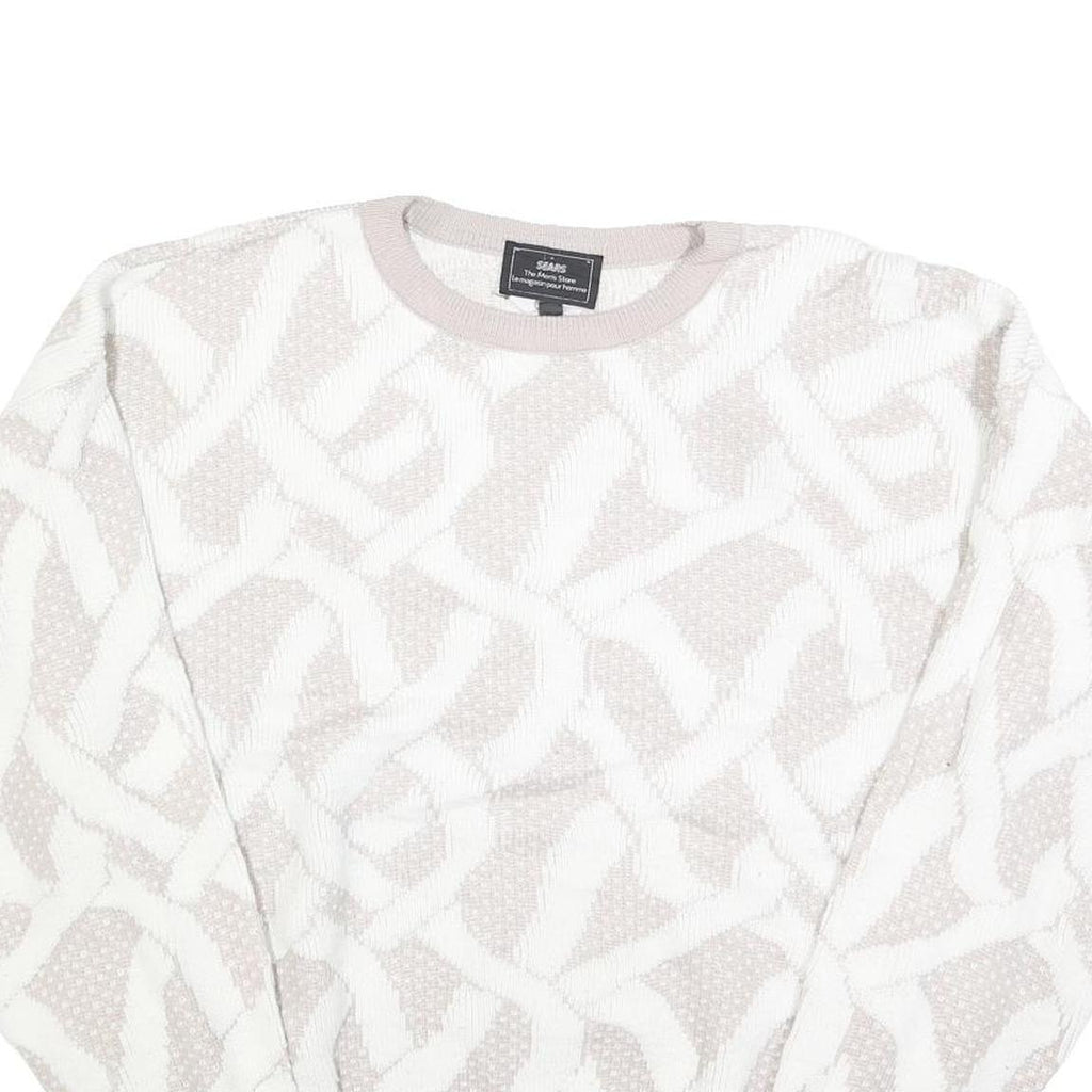 SEARS Mens Cream & White Patterned Pullover Plain Crew Neck Basic Knit L Jumper