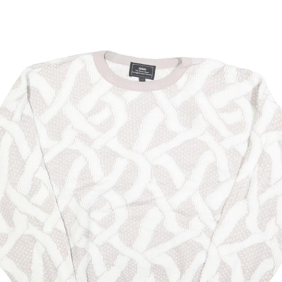 SEARS Mens Cream & White Patterned Pullover Plain Crew Neck Basic Knit L Jumper