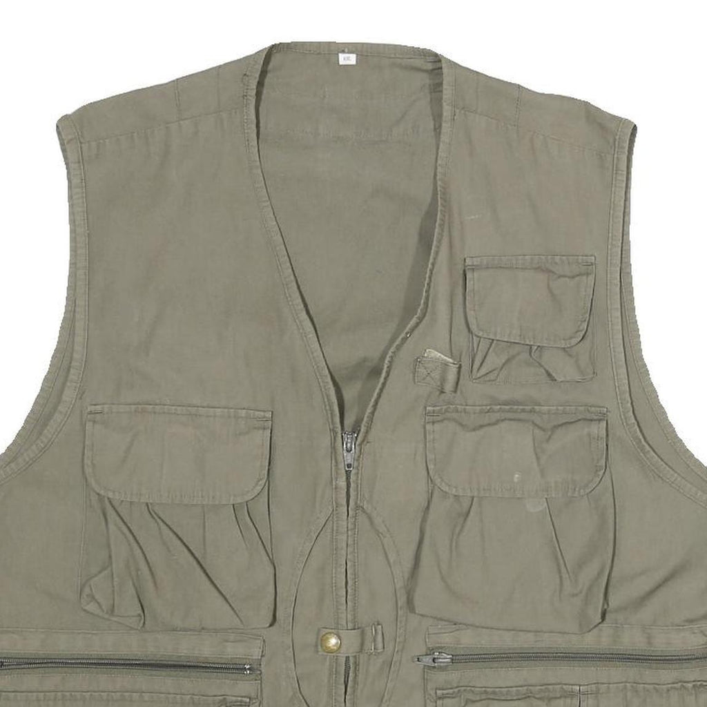 Mens Green Cotton Blend Utility Zip Vest 2XL Multi Pocket Casual Outdoor
