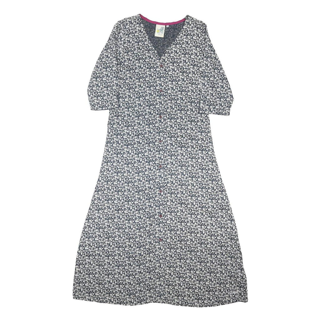 WEIRD FISH Womens Blue Floral Day Cotton Blend Dress M Button V-Neck