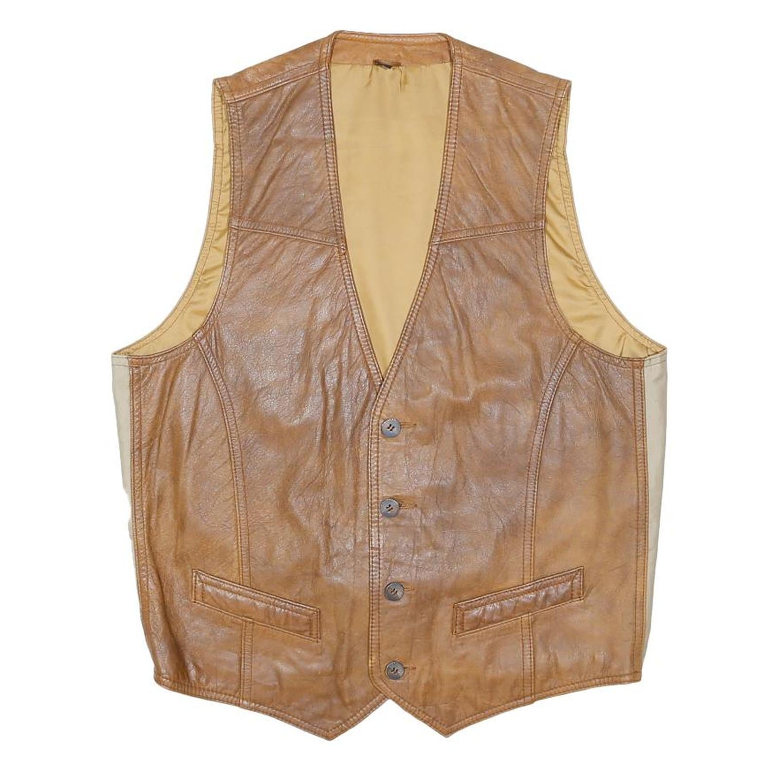 Mens Brown Leather Button Jacket M Leather Waistcoat Stylish Smart Casual