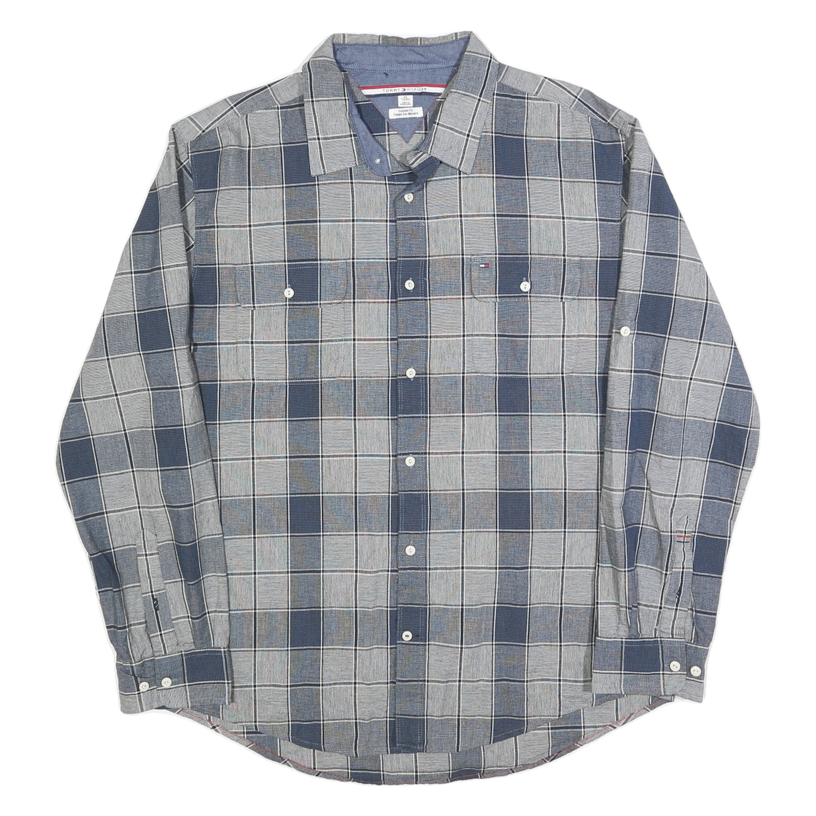 TOMMY HILFIGER Mens Blue & Grey Check Shirt XL Classic Fit Button Down Casual