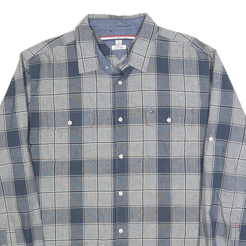 TOMMY HILFIGER Mens Blue & Grey Check Shirt XL Classic Fit Button Down Casual