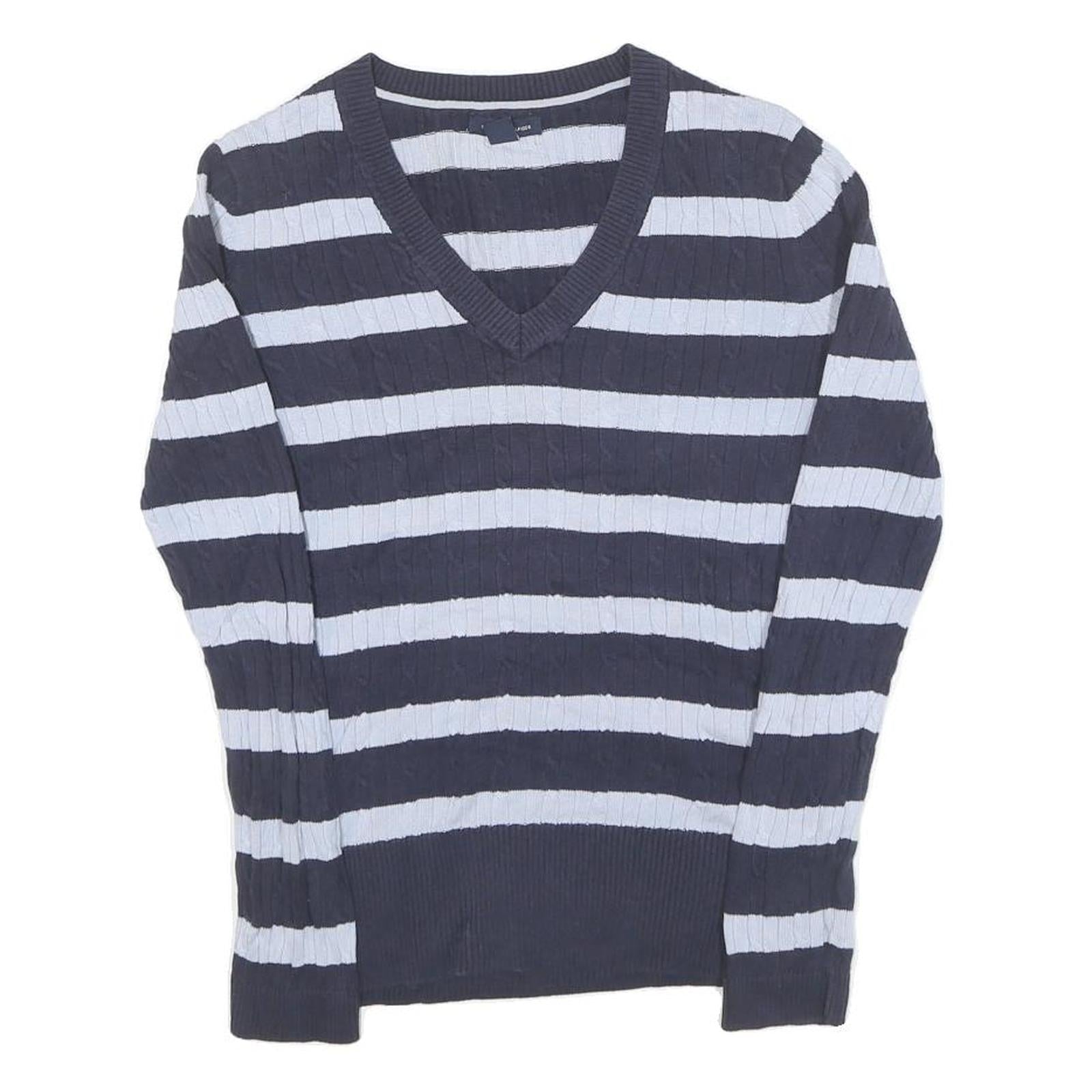 TOMMY HILFIGER Womens Blue & White Patterned V-Neck Chunky Knit M Jumper Cotton