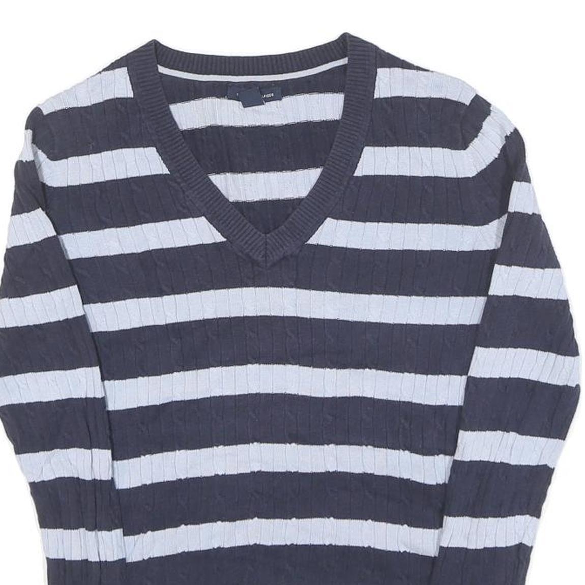 TOMMY HILFIGER Womens Blue & White Patterned V-Neck Chunky Knit M Jumper Cotton