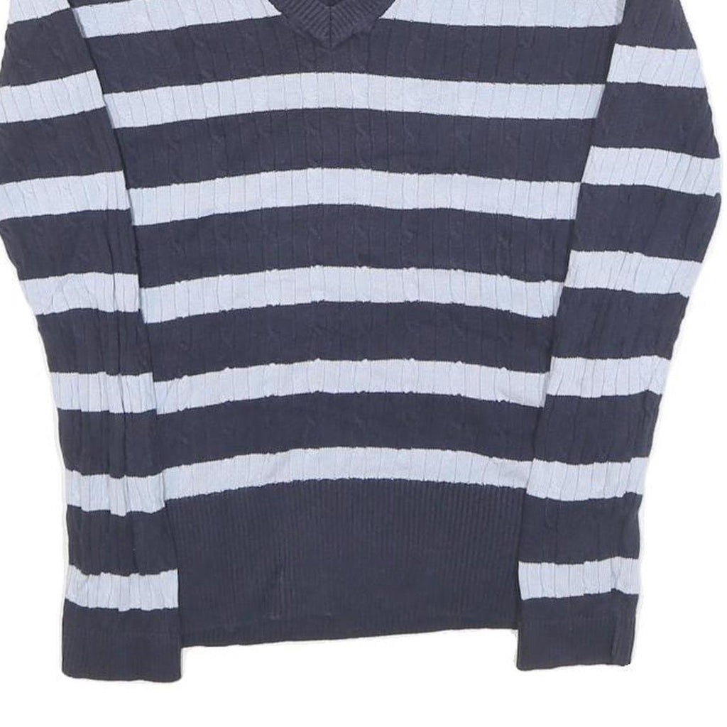 TOMMY HILFIGER Womens Blue & White Patterned V-Neck Chunky Knit M Jumper Cotton