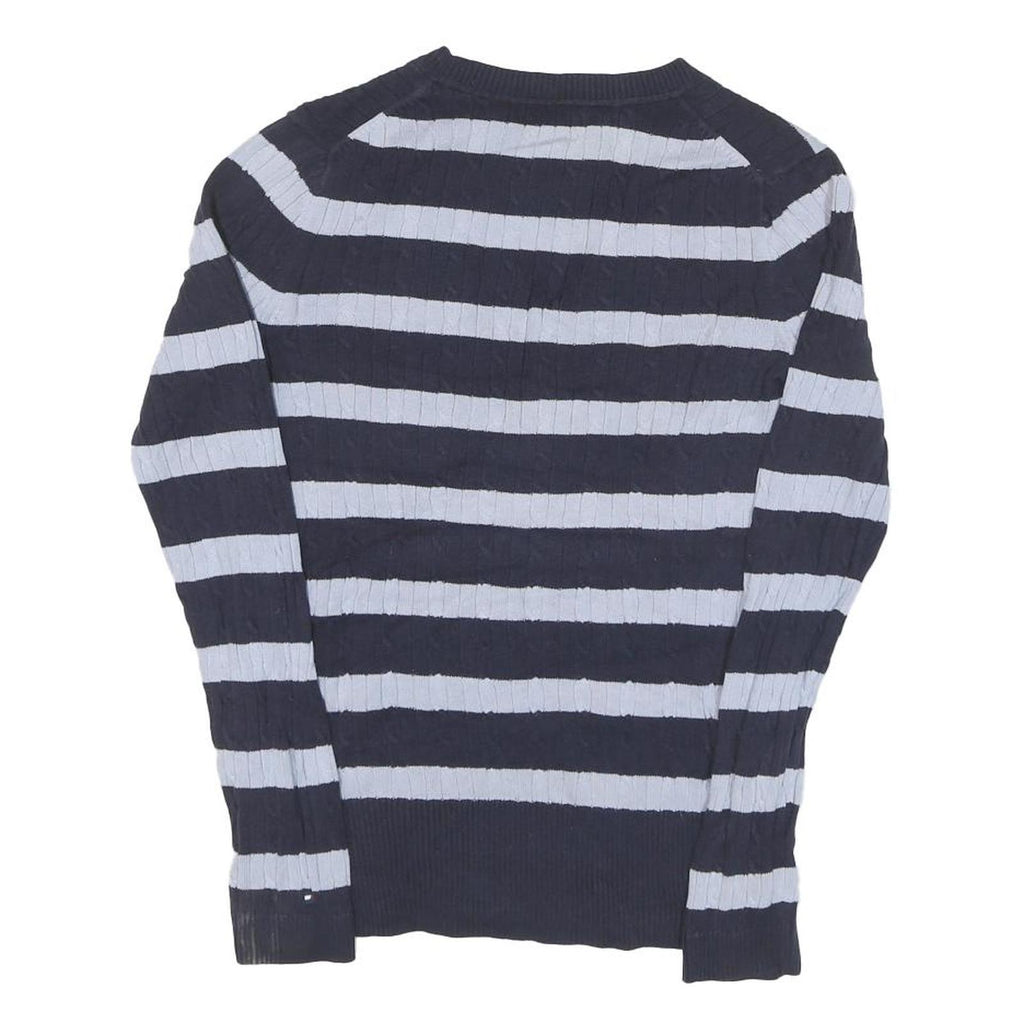 TOMMY HILFIGER Womens Blue & White Patterned V-Neck Chunky Knit M Jumper Cotton