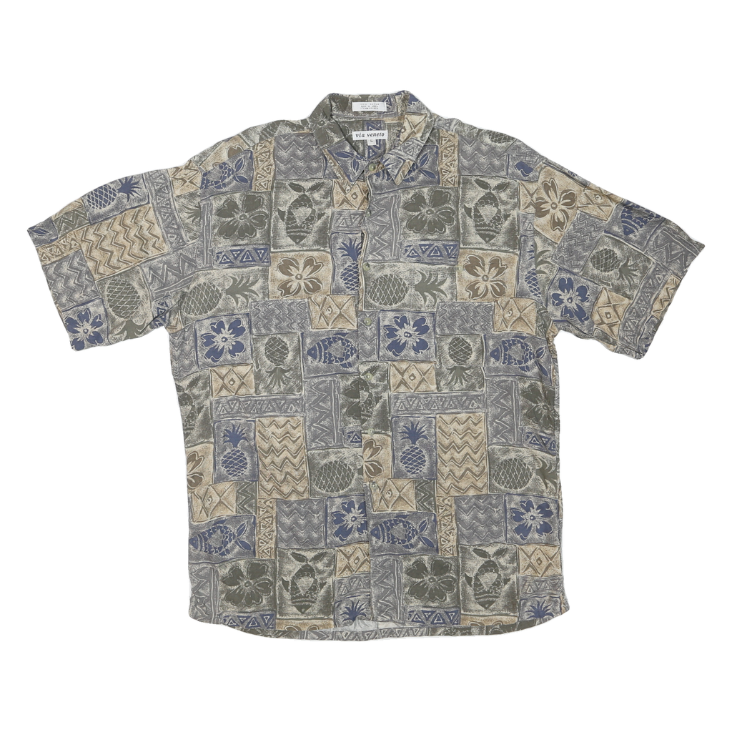 VIA VENETO Mens Beige & Blue Patterned Shirt L Hawaiian Cotton Blend Casual