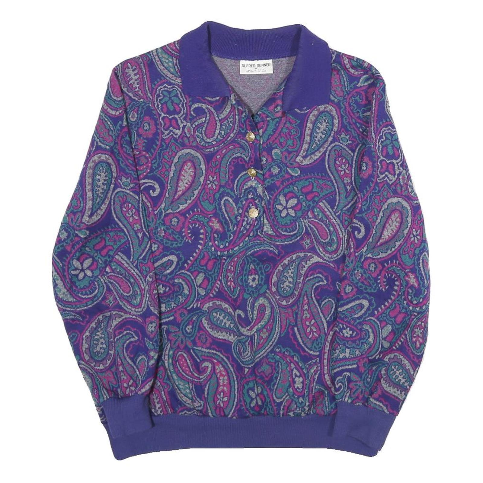 ALFRED DUNNER Womens Purple Paisley Pullover M Button Neck Elegant Sweatshirt