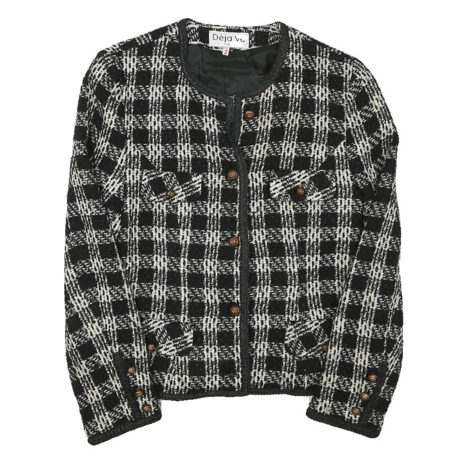 DEJA VU Womens Black & White Wool Blend Button Jacket XXS Check Tweed Classic