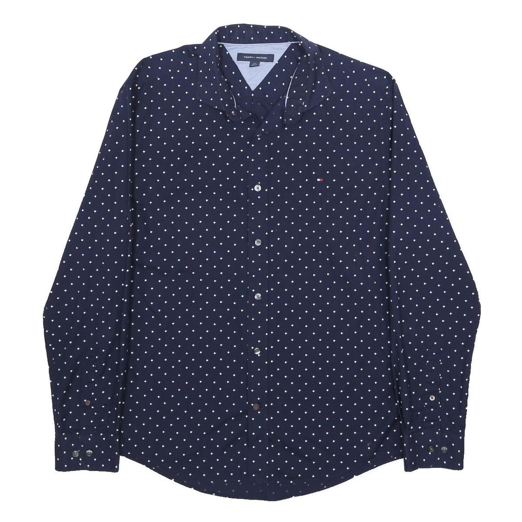 TOMMY HILFIGER Mens Navy Blue & White Polka Dot Shirt L Cotton Long Sleeve
