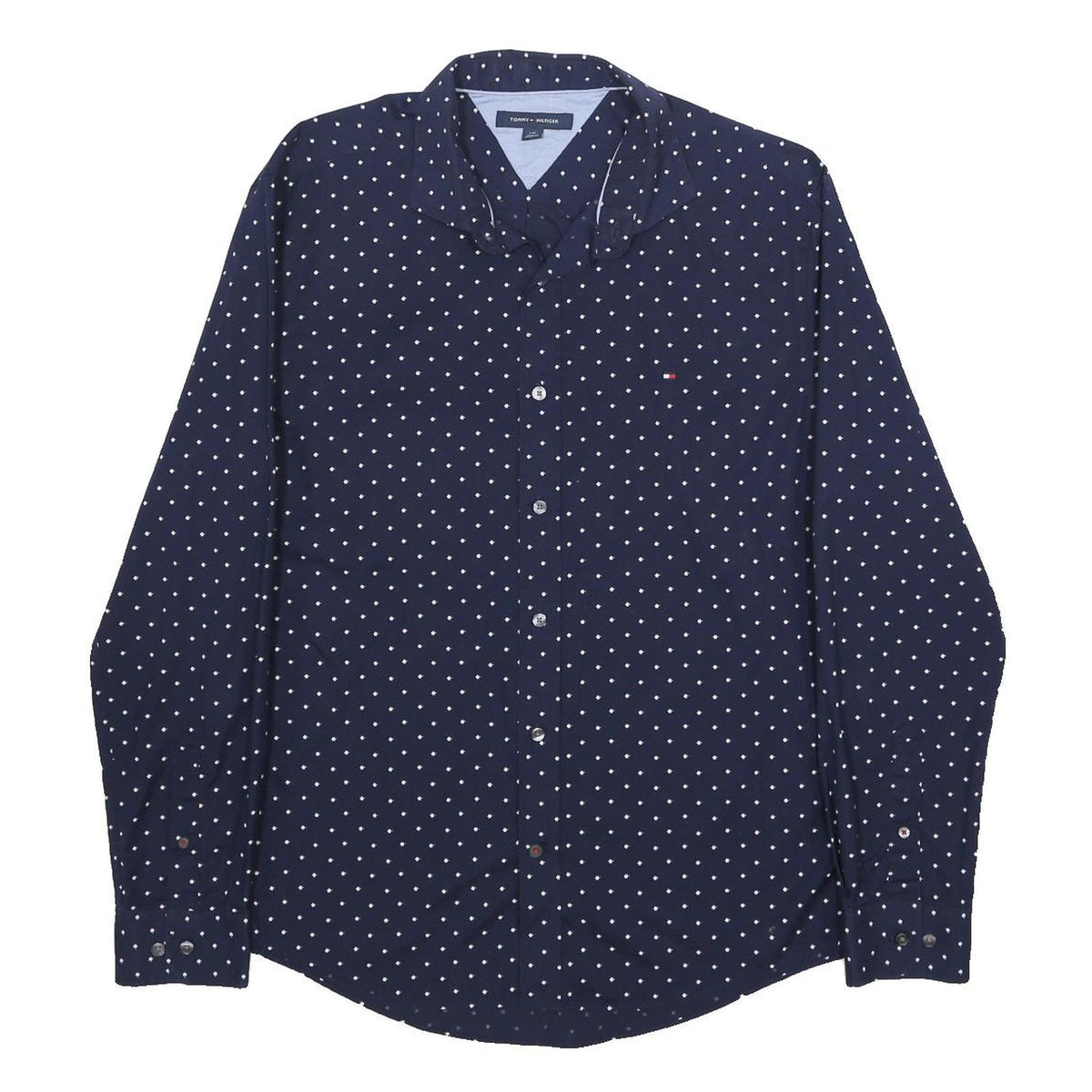 TOMMY HILFIGER Mens Navy Blue & White Polka Dot Shirt L Cotton Long Sleeve