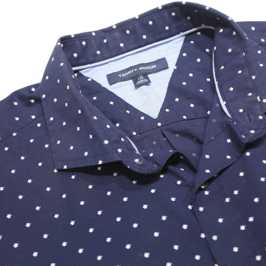TOMMY HILFIGER Mens Navy Blue & White Polka Dot Shirt L Cotton Long Sleeve
