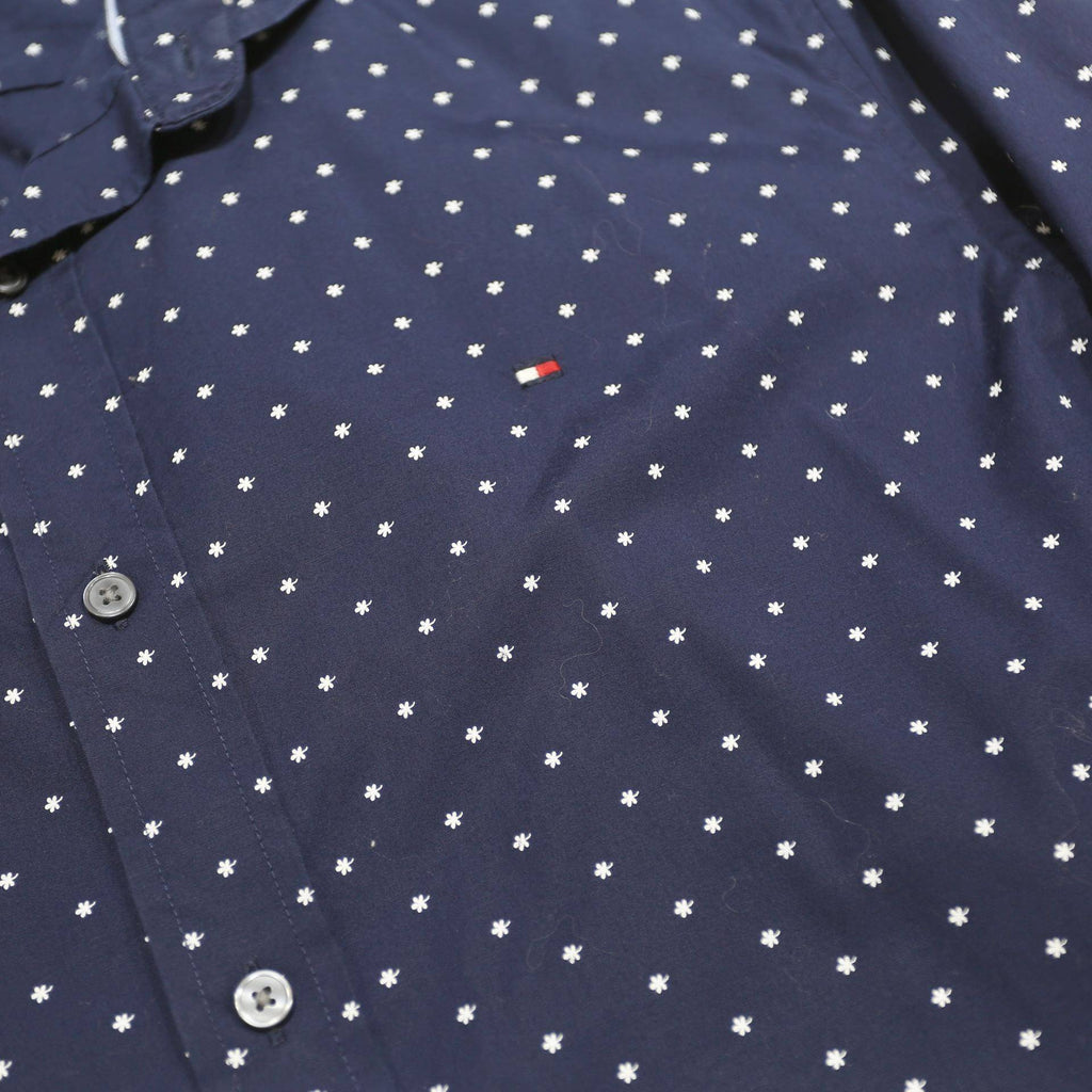 TOMMY HILFIGER Mens Navy Blue & White Polka Dot Shirt L Cotton Long Sleeve