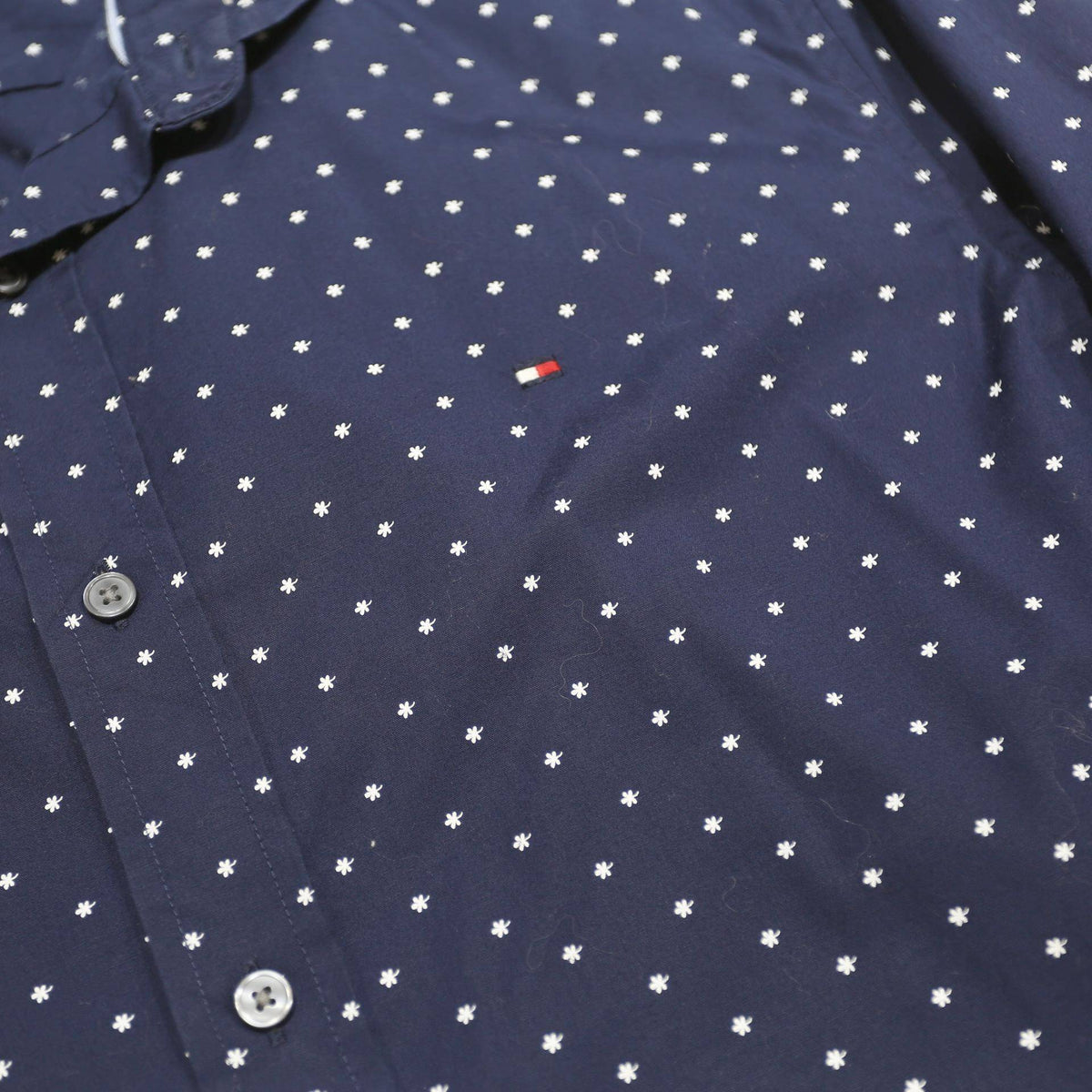 TOMMY HILFIGER Mens Navy Blue & White Polka Dot Shirt L Cotton Long Sleeve
