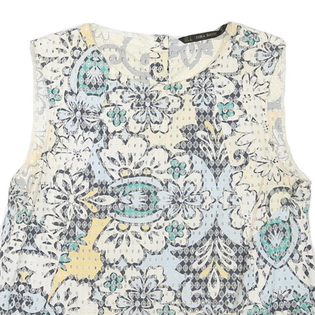 ZARA Womens White Blue Yellow Printed Sleeveless Round Neck Top S Lightweight