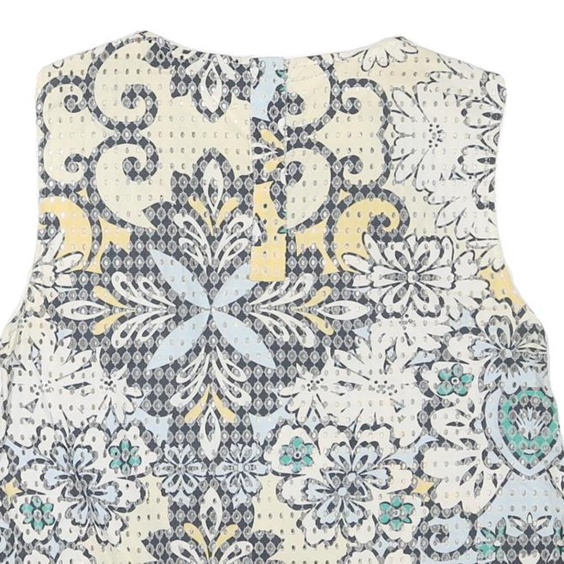 ZARA Womens White Blue Yellow Printed Sleeveless Round Neck Top S Lightweight