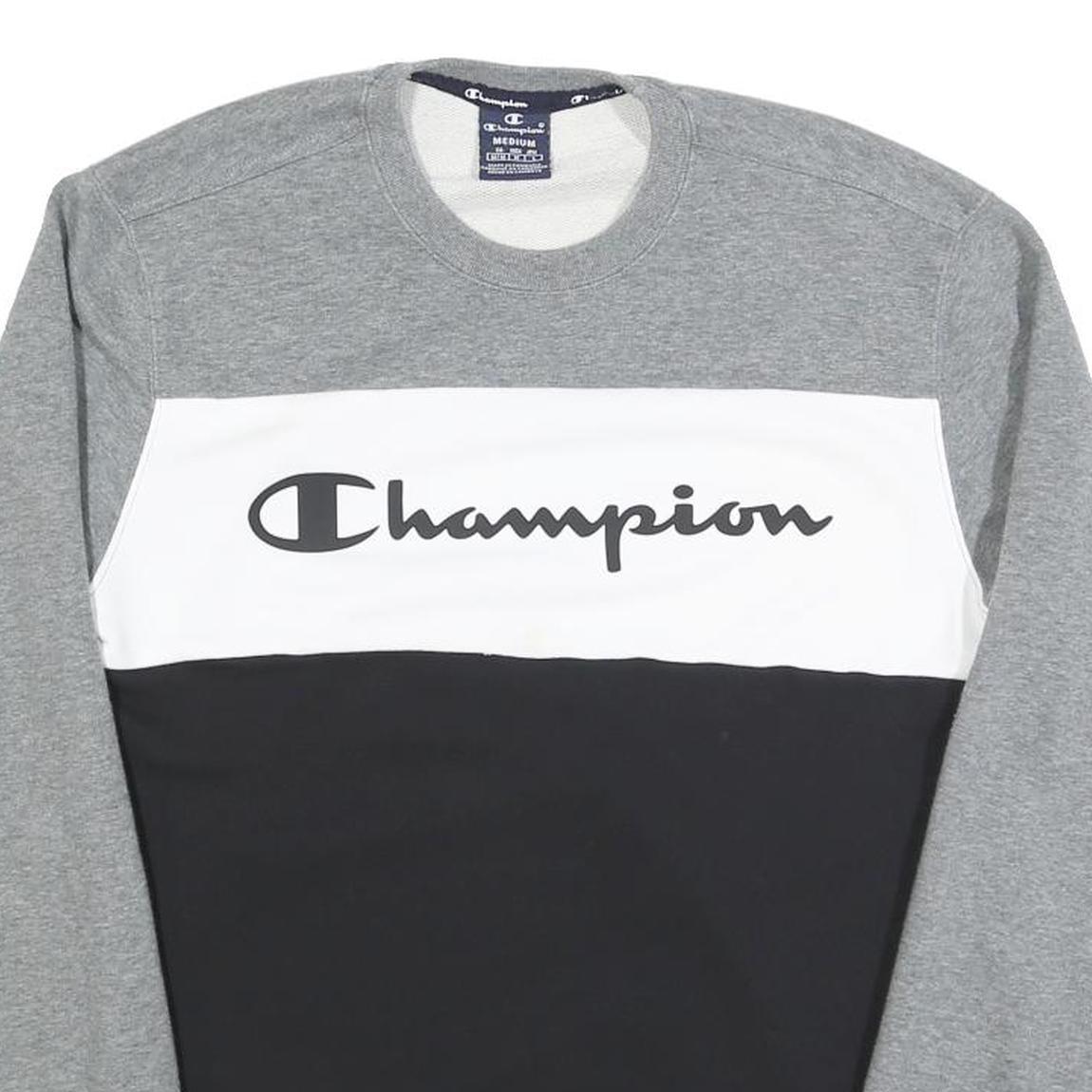 CHAMPION Mens Grey White & Black Logo Crew Neck M Cotton Blend Sweatshirt