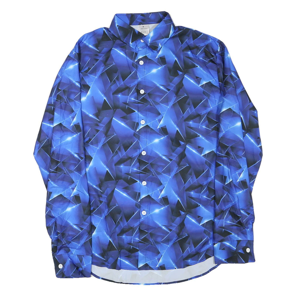 Mens Blue & Black Crazy Print Shirt M Long Sleeve Button Down Polyester Casual