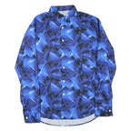 Mens Blue & Black Crazy Print Shirt M Long Sleeve Button Down Polyester Casual