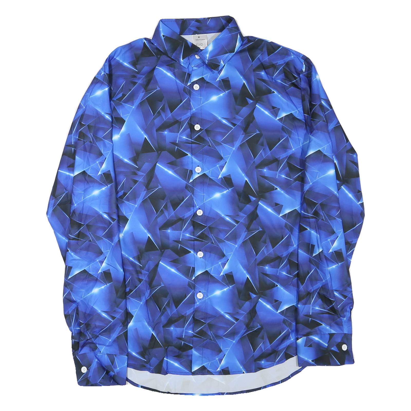Mens Blue & Black Crazy Print Shirt M Long Sleeve Button Down Polyester Casual