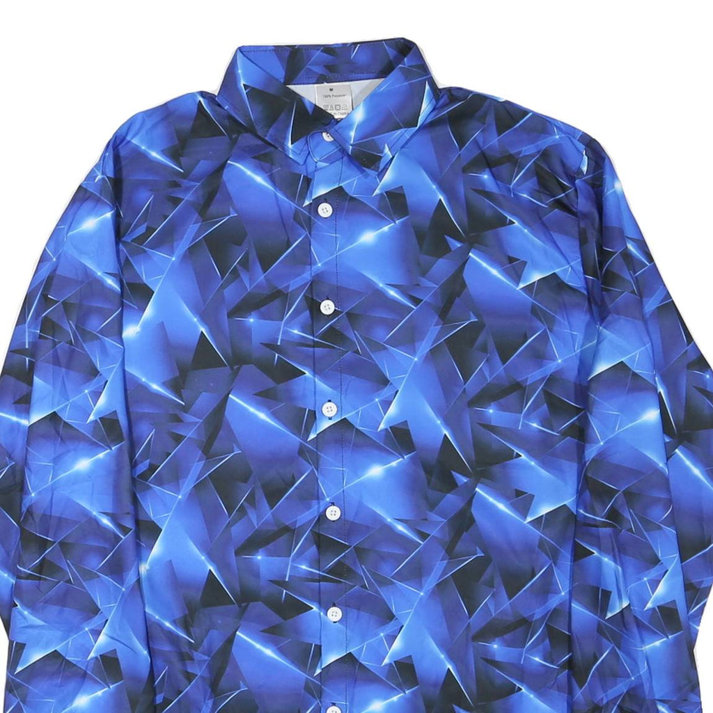Mens Blue & Black Crazy Print Shirt M Long Sleeve Button Down Polyester Casual